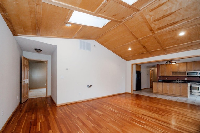 unfurnished living room featuring light wood-style floors, wooden ceiling, baseboards, lofted ceiling, and visible vents