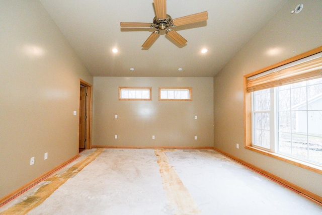unfurnished room with recessed lighting, ceiling fan, vaulted ceiling, and baseboards
