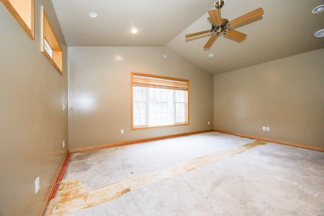 spare room with recessed lighting, vaulted ceiling, baseboards, and ceiling fan