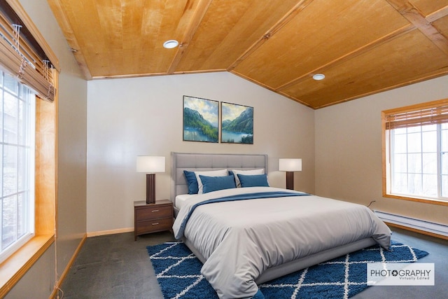 bedroom featuring a baseboard heating unit, wood ceiling, carpet floors, baseboards, and lofted ceiling