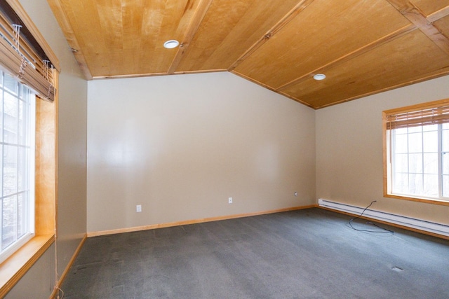 carpeted spare room featuring lofted ceiling, wooden ceiling, baseboards, and baseboard heating