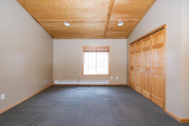 unfurnished bedroom featuring wood ceiling, baseboard heating, baseboards, and carpet floors