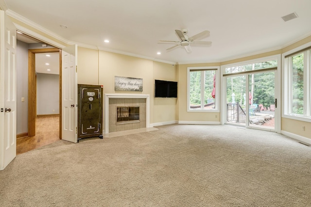 17 Lake Ct, North Oaks, MN 55127 - unfurnished living room with ornamental molding, ceiling fan, plenty of natural light, carpet, and recessed lighting