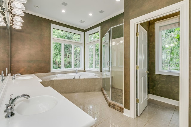 17 Lake Ct, North Oaks, MN 55127 - full bathroom featuring plenty of natural light, tile patterned floors, a garden tub, a stall shower, and ornamental molding