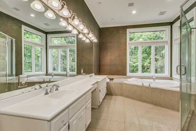 17 Lake Ct, North Oaks, MN 55127 - full bathroom featuring ornamental molding, healthy amount of natural light, a bath, and double vanity