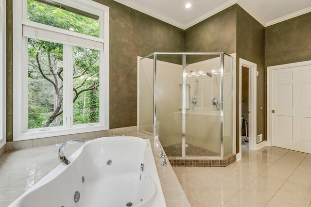 17 Lake Ct, North Oaks, MN 55127 - full bathroom with a shower stall, plenty of natural light, a whirlpool tub, and ornamental molding