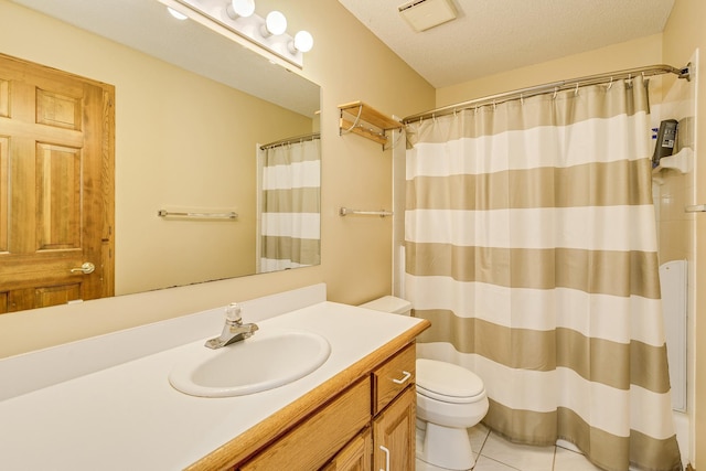 17 Lake Ct, North Oaks, MN 55127 - bathroom featuring vanity, tile patterned floors, a shower with shower curtain, and a textured ceiling