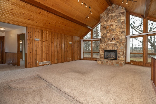 34126 County 115, Canton Twp, MN 55939 - unfurnished living room with wooden ceiling, track lighting, beamed ceiling, carpet, and a fireplace