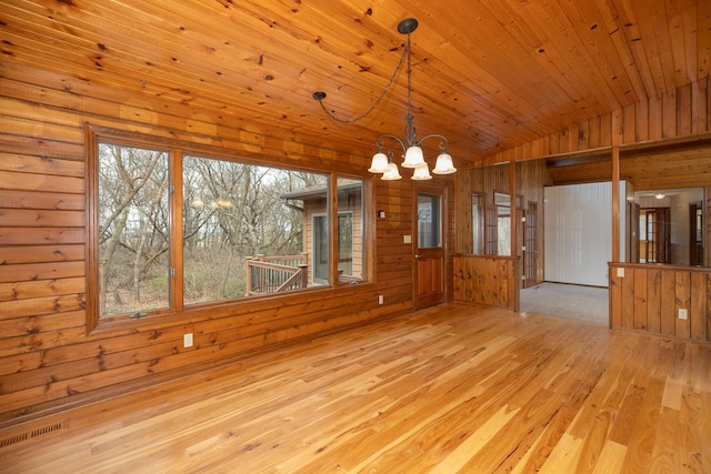 34126 County 115, Canton Twp, MN 55939 - unfurnished dining area with lofted ceiling, a chandelier, wooden walls, wood finished floors, and wooden ceiling
