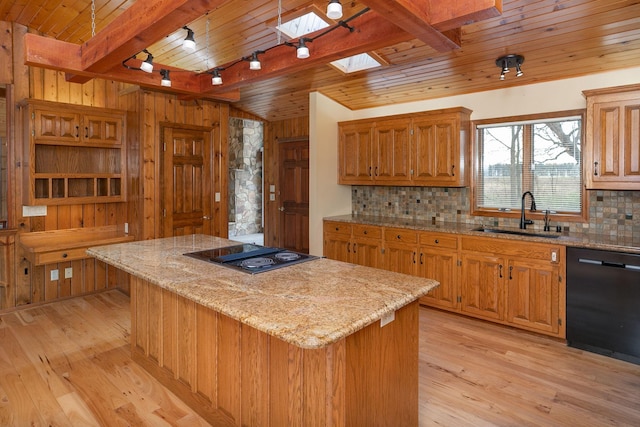 34126 County 115, Canton Twp, MN 55939 - kitchen featuring a sink, black appliances, wood ceiling, a center island, and light wood-type flooring