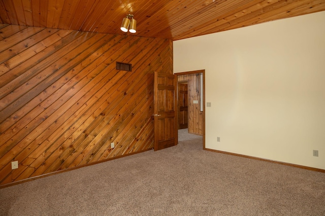 34126 County 115, Canton Twp, MN 55939 - carpeted empty room featuring wooden walls, wood ceiling, baseboards, and lofted ceiling