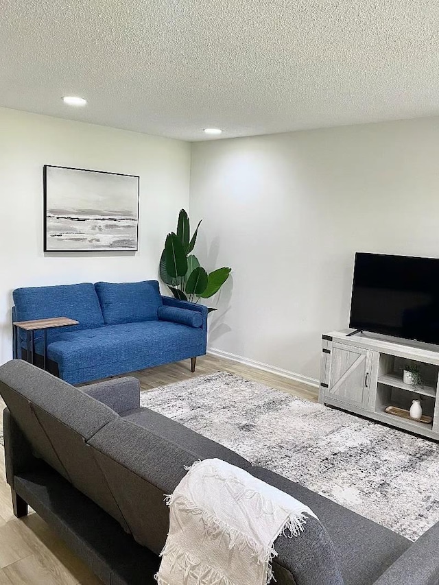 living area featuring wood finished floors, a textured ceiling, and recessed lighting