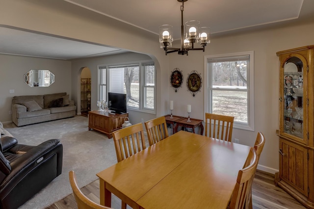 2730 State 371 SW, Pine River, MN 56474 - dining space featuring baseboards, arched walkways, a notable chandelier, and a wealth of natural light