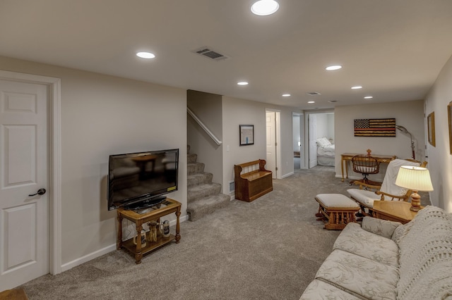 2730 State 371 SW, Pine River, MN 56474 - carpeted living area featuring baseboards, visible vents, recessed lighting, and stairs