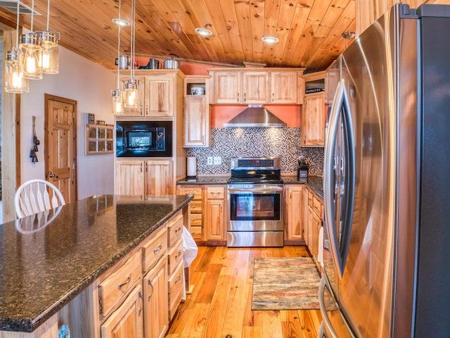 23660 Cap Endres Rd NE, Cass Lake, MN 56633 - kitchen with appliances with stainless steel finishes, exhaust hood, light wood-type flooring, wooden ceiling, and decorative backsplash