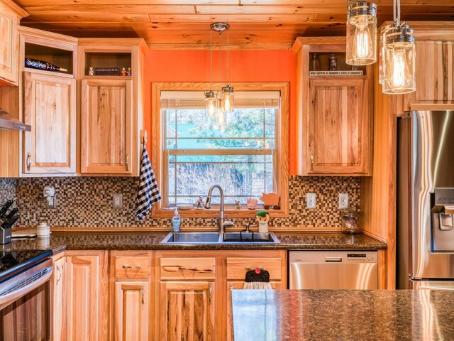 23660 Cap Endres Rd NE, Cass Lake, MN 56633 - kitchen featuring appliances with stainless steel finishes, a sink, wood ceiling, decorative backsplash, and a chandelier