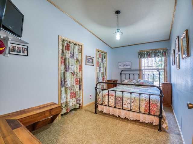 23660 Cap Endres Rd NE, Cass Lake, MN 56633 - bedroom with carpet, baseboards, vaulted ceiling, and ornamental molding