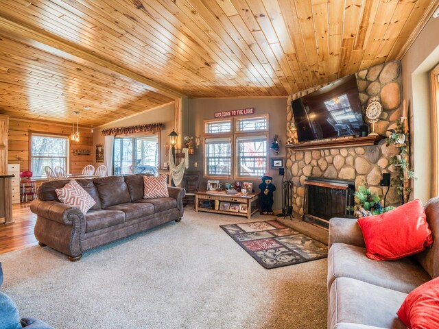 23660 Cap Endres Rd NE, Cass Lake, MN 56633 - living room featuring plenty of natural light, wood ceiling, a stone fireplace, carpet flooring, and vaulted ceiling