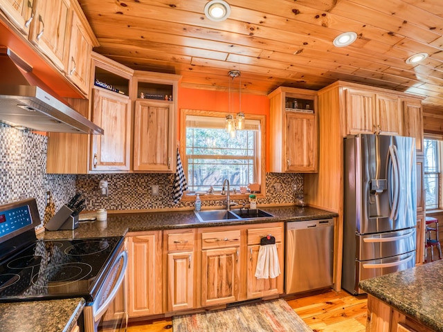 23660 Cap Endres Rd NE, Cass Lake, MN 56633 - kitchen featuring stainless steel appliances, wood ceiling, under cabinet range hood, a sink, and plenty of natural light