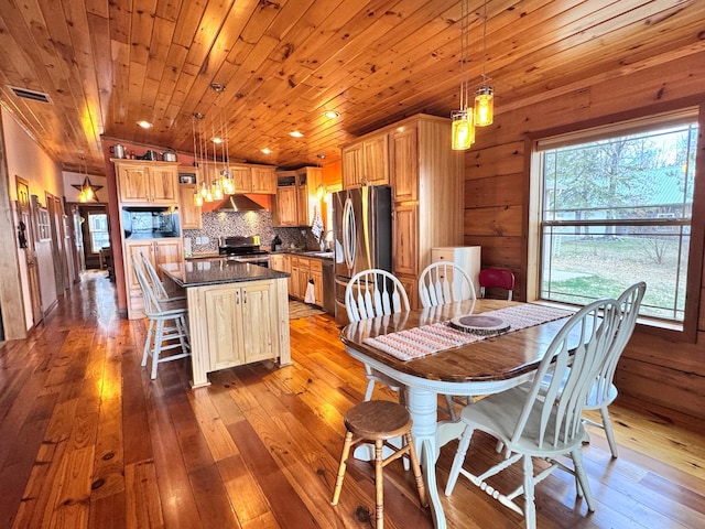 23660 Cap Endres Rd NE, Cass Lake, MN 56633 - dining room with hardwood / wood-style floors, wood ceiling, and wooden walls