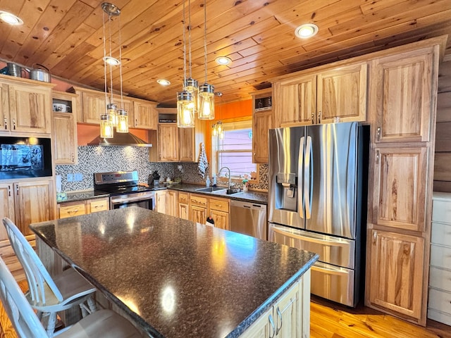 23660 Cap Endres Rd NE, Cass Lake, MN 56633 - kitchen with appliances with stainless steel finishes, wall chimney range hood, a sink, wooden ceiling, and light wood finished floors