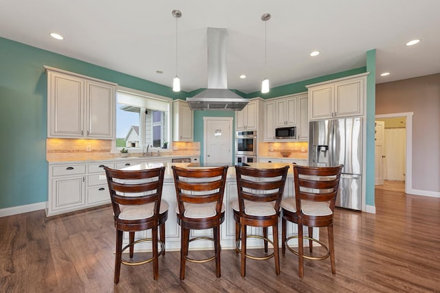 6570 Chester Ave, Webster Twp, MN 55057 - kitchen with dark wood-style flooring, appliances with stainless steel finishes, a sink, decorative backsplash, and island exhaust hood