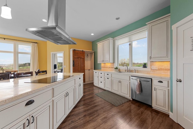6570 Chester Ave, Webster Twp, MN 55057 - kitchen with dark wood-style flooring, black electric cooktop, island exhaust hood, a sink, and dishwasher