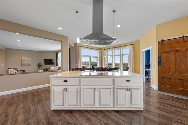 6570 Chester Ave, Webster Twp, MN 55057 - kitchen with open floor plan, dark wood finished floors, a barn door, and island range hood