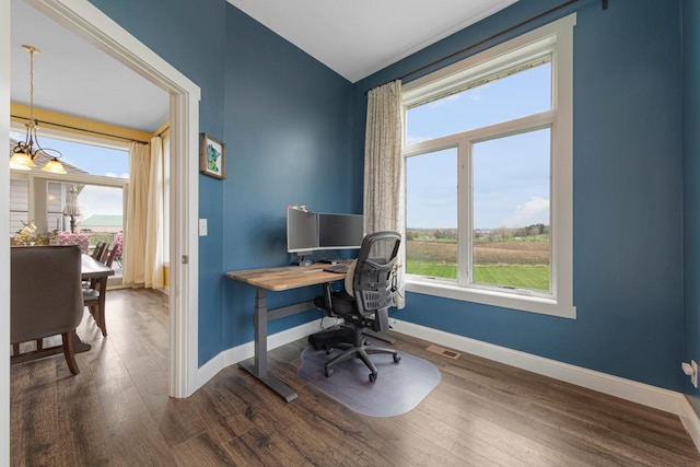 6570 Chester Ave, Webster Twp, MN 55057 - office space with baseboards, vaulted ceiling, and wood finished floors