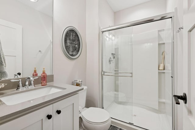 full bathroom featuring vanity, toilet, and a shower stall