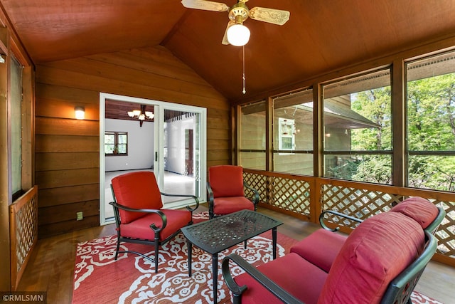 19405 Parkview Ave N, Scandia, MN 55073 - sunroom featuring vaulted ceiling and a ceiling fan
