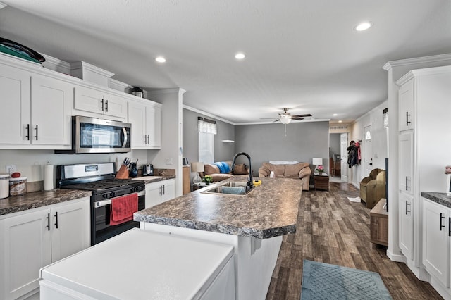 5702 Cabot Dr, Mounds View, MN 55112 - kitchen featuring appliances with stainless steel finishes, a sink, recessed lighting, open floor plan, and a ceiling fan