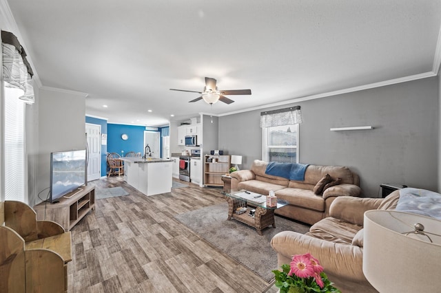 5702 Cabot Dr, Mounds View, MN 55112 - living area with crown molding, a ceiling fan, recessed lighting, and light wood-type flooring