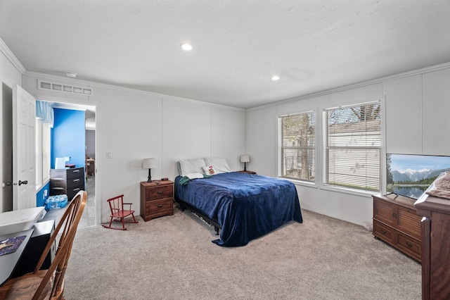 5702 Cabot Dr, Mounds View, MN 55112 - carpeted bedroom with visible vents, ornamental molding, a textured ceiling, and recessed lighting