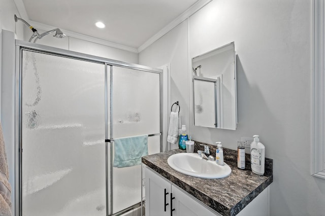 5702 Cabot Dr, Mounds View, MN 55112 - bathroom featuring crown molding, a stall shower, and vanity