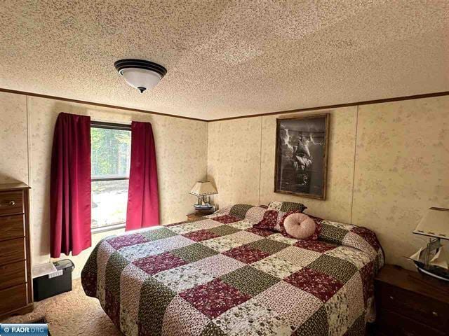 carpeted bedroom with a textured ceiling