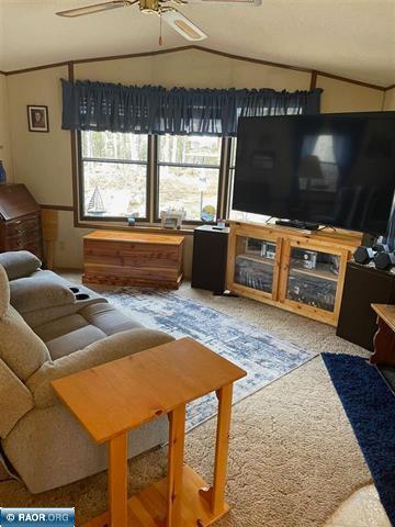 living area featuring a ceiling fan, carpet flooring, a wealth of natural light, and vaulted ceiling