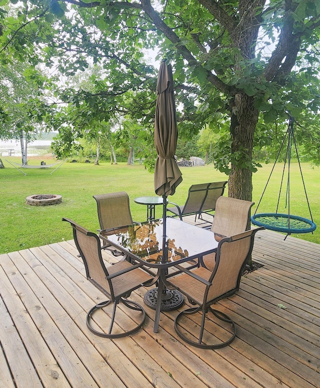 30280 County Highway 26, Holmesville Twp, MN 56501 - deck featuring a fire pit and a lawn