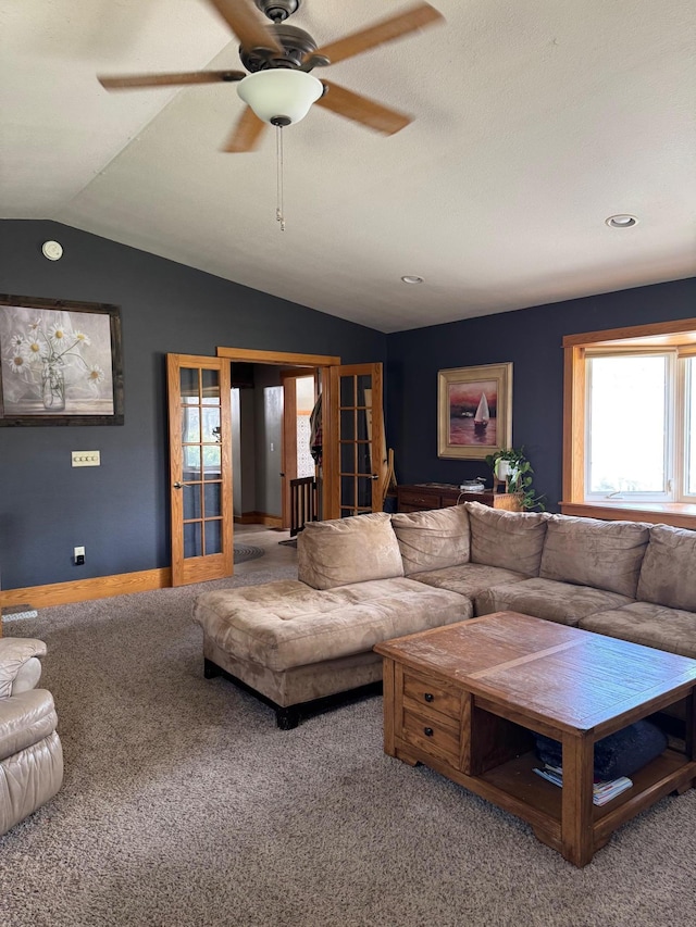 601 Maplewood Dr SE, Pelican Rapids, MN 56572 - living room with carpet flooring, lofted ceiling, ceiling fan, and baseboards