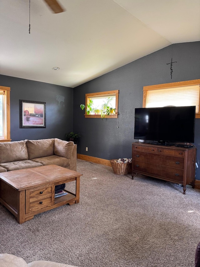 601 Maplewood Dr SE, Pelican Rapids, MN 56572 - living room with vaulted ceiling, carpet floors, and baseboards