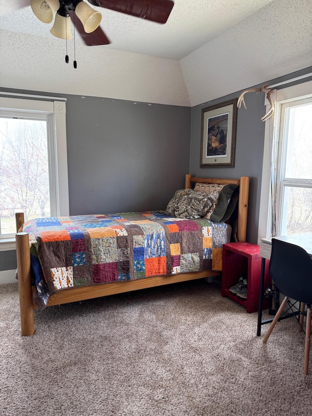 601 Maplewood Dr SE, Pelican Rapids, MN 56572 - bedroom featuring multiple windows, carpet floors, vaulted ceiling, a ceiling fan, and a textured ceiling