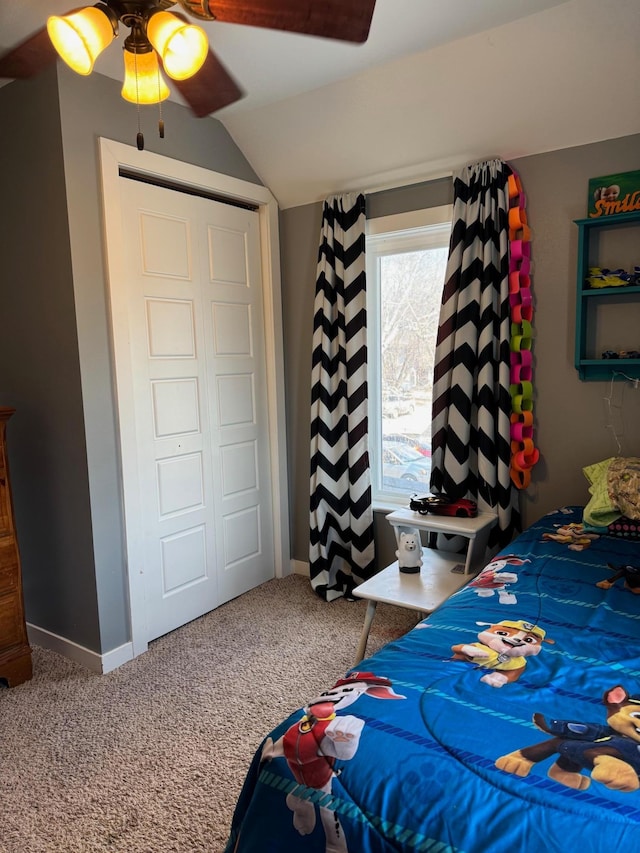 601 Maplewood Dr SE, Pelican Rapids, MN 56572 - bedroom featuring carpet flooring, vaulted ceiling, ceiling fan, and baseboards