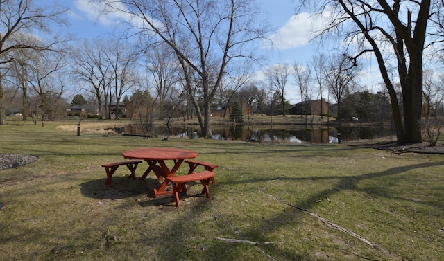 view of property's community featuring a lawn and a water view