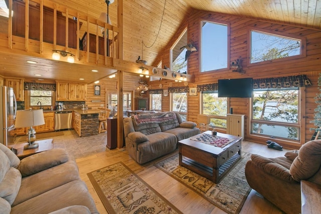 2746 Swift Ln NW, Hackensack, MN 56452 - living room with high vaulted ceiling, log walls, wooden ceiling, and light wood-style flooring