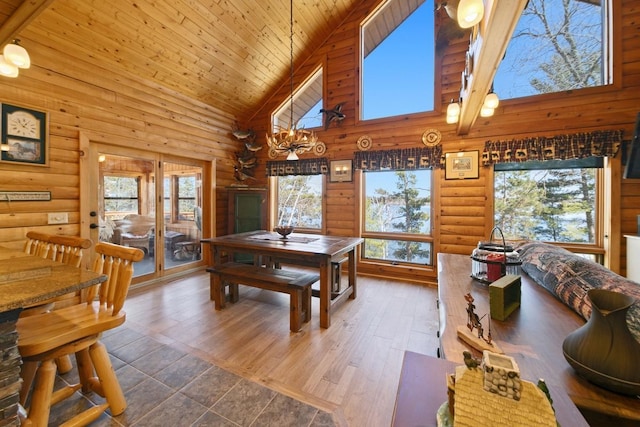 2746 Swift Ln NW, Hackensack, MN 56452 - dining area with high vaulted ceiling, log walls, plenty of natural light, and wood ceiling