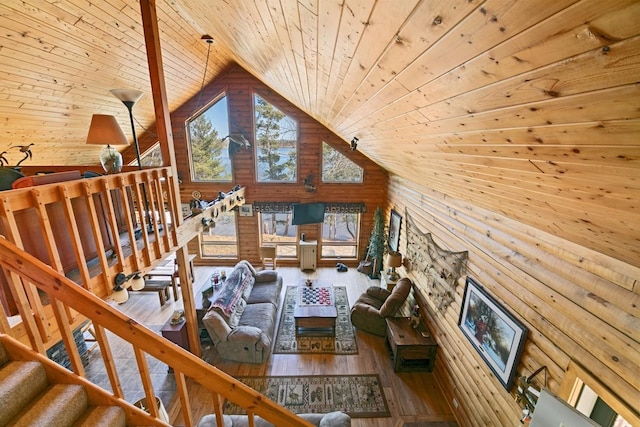 2746 Swift Ln NW, Hackensack, MN 56452 - living room featuring wood ceiling, high vaulted ceiling, hardwood / wood-style floors, and wood walls