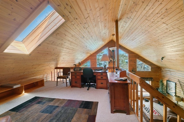 2746 Swift Ln NW, Hackensack, MN 56452 - office area with a skylight, wood ceiling, carpet, vaulted ceiling, and wooden walls