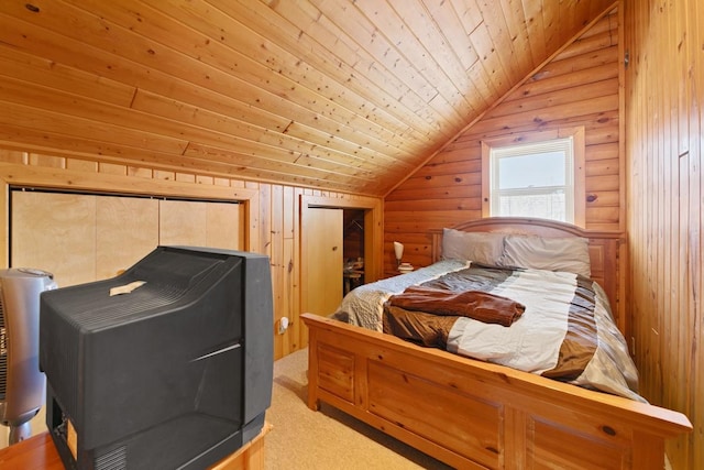 2746 Swift Ln NW, Hackensack, MN 56452 - bedroom featuring lofted ceiling, wooden ceiling, carpet floors, and wood walls