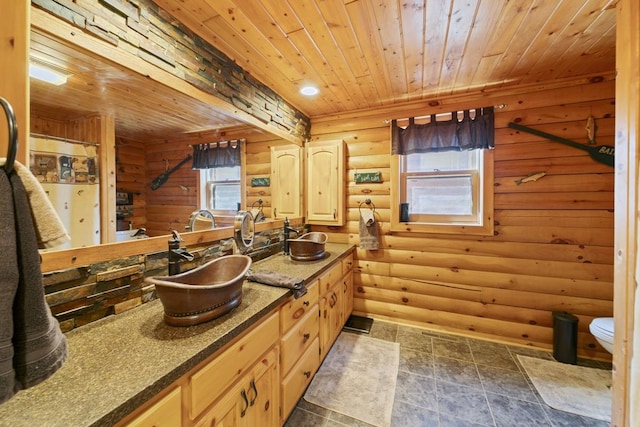 2746 Swift Ln NW, Hackensack, MN 56452 - full bathroom featuring rustic walls, wood ceiling, toilet, and double vanity