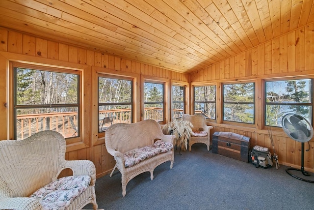 2746 Swift Ln NW, Hackensack, MN 56452 - sunroom / solarium featuring vaulted ceiling, wood walls, carpet flooring, and wooden ceiling
